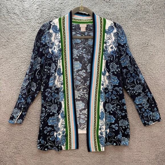 Chico's Size 2 / Large Blue Floral Lightweight Cardigan Open Front Layer Casual - Picture 1 of 12